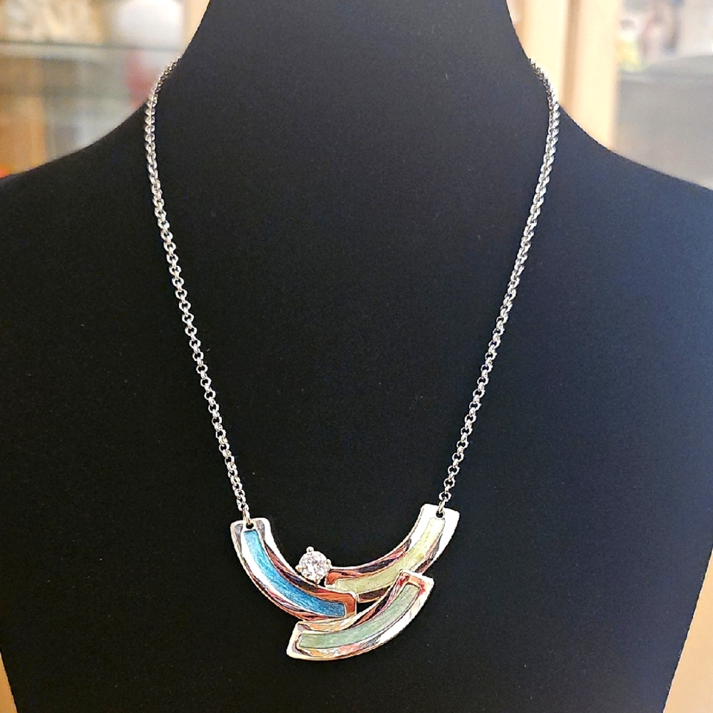 Howard's Silvertone Enamel Necklace with Crystal Accent